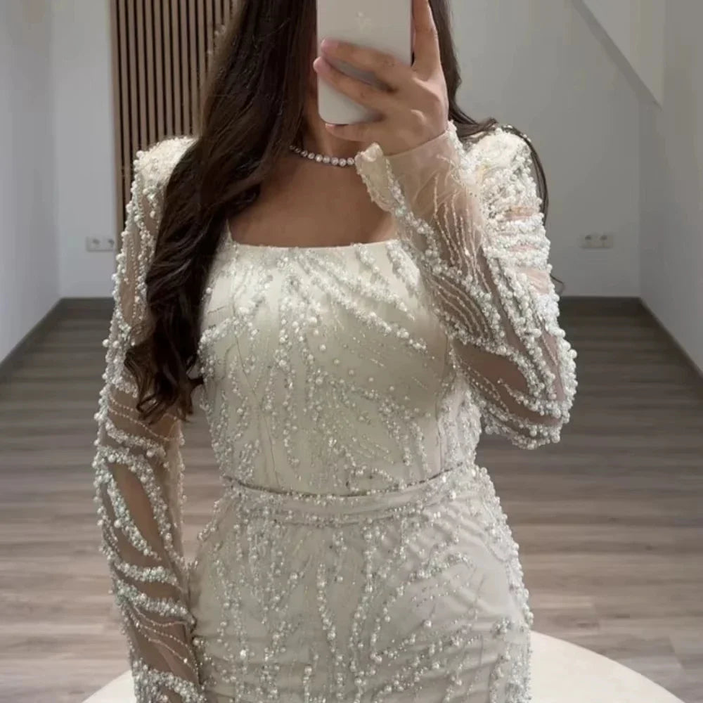 Dubai Beading Pearls Wedding Dress Square Collar Long Sleeves vestidos de noche Rear Forks فساتين سهرة Customized 2025