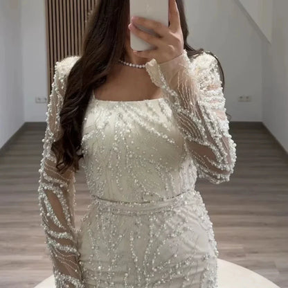 Dubai Beading Pearls Wedding Dress Square Collar Long Sleeves vestidos de noche Rear Forks فساتين سهرة Customized 2025