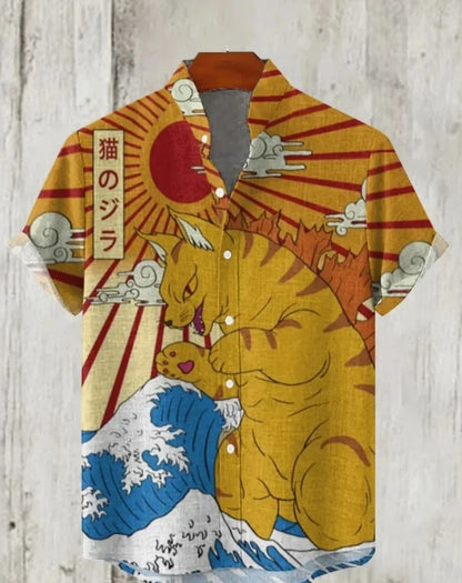 Men's Samurai Hawaiian Shirt Casual Short Sleeve Top Loose Clothing Fashion Retro Summer Shirt
