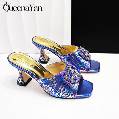 Italian Fashion Design Shoes and Bags Matching Set 2025 Peep Toe High Heels Blue Color Rhinestones Women Shoes for Party