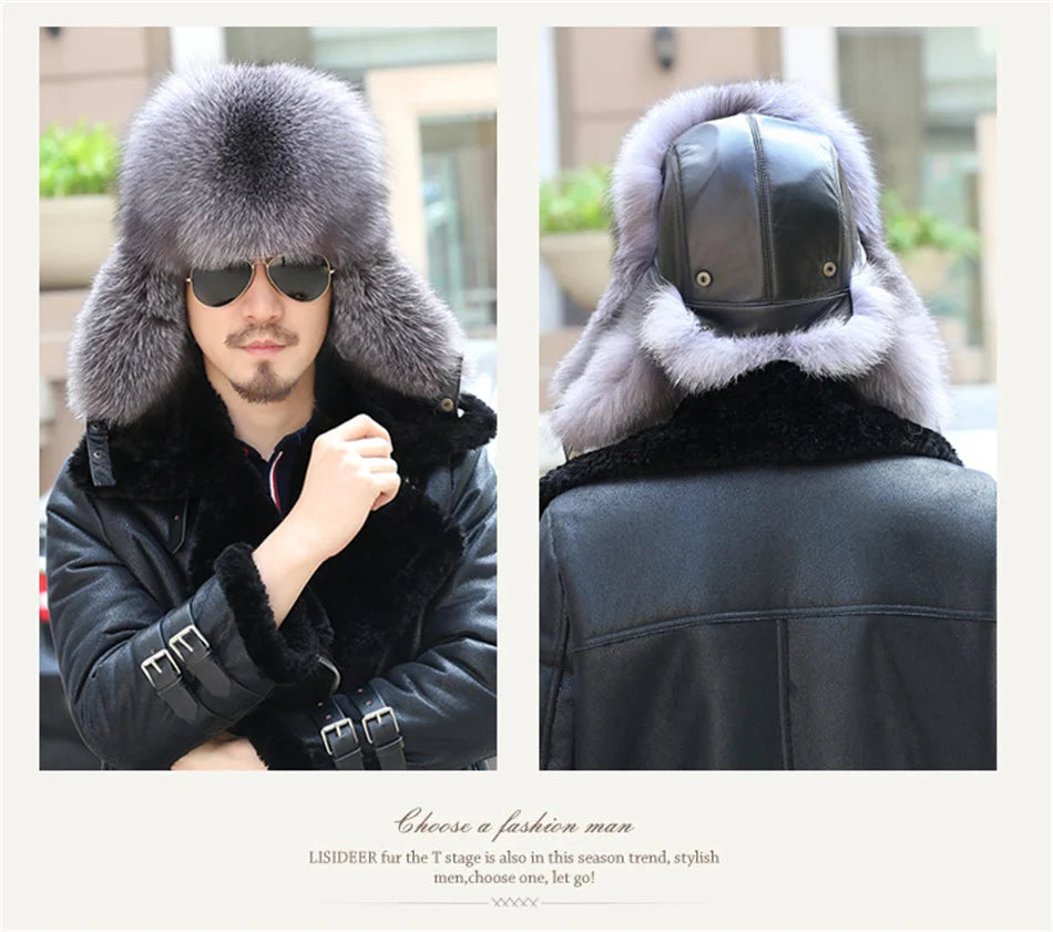 2024 Winter Hat Men Trapper Russian Sliver Fox Hat Ushanka Mens Hats Fashion Raccoon Fur Hats Caps Ski Hat Bomber Real Fur Hat