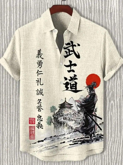 Men's Samurai Hawaiian Shirt Casual Short Sleeve Top Loose Clothing Fashion Retro Summer Shirt