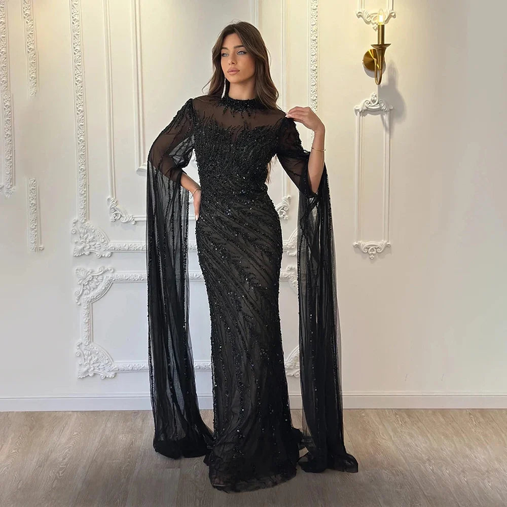 Luxury Beaded Evening Dress Cape Sleeve Dubai Sheer Neck Mermaid Formal Prom Wedding Party Gown Customized 2026