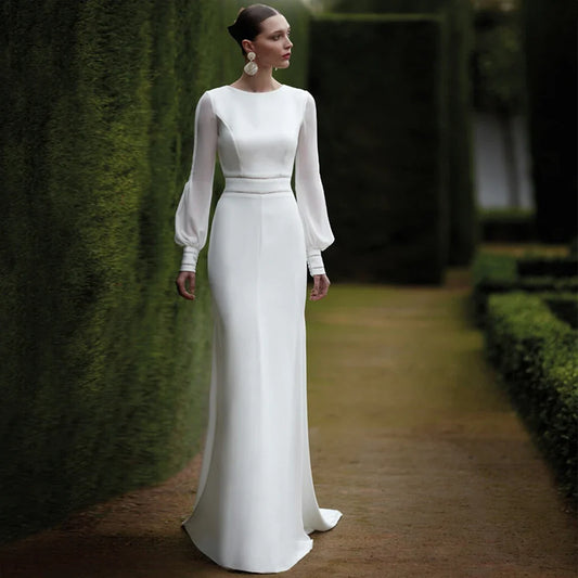 Customized Mermaid Wedding Dress Long Puffy Sleeves O Neck Trumpet Wedding Gowns for Women Backless Buttons Elegant Bridal Dress