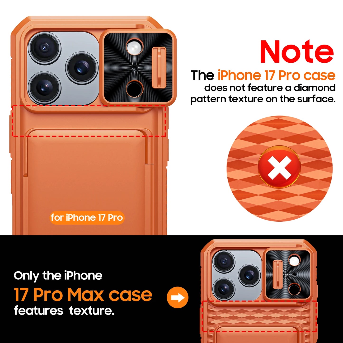 With Card Holder Sliding Camera Cover And Stand For iPhone 17 Pro/17 Pro Max Phone Case, Anti-Fall PC+TPU Wallet Case-Orange