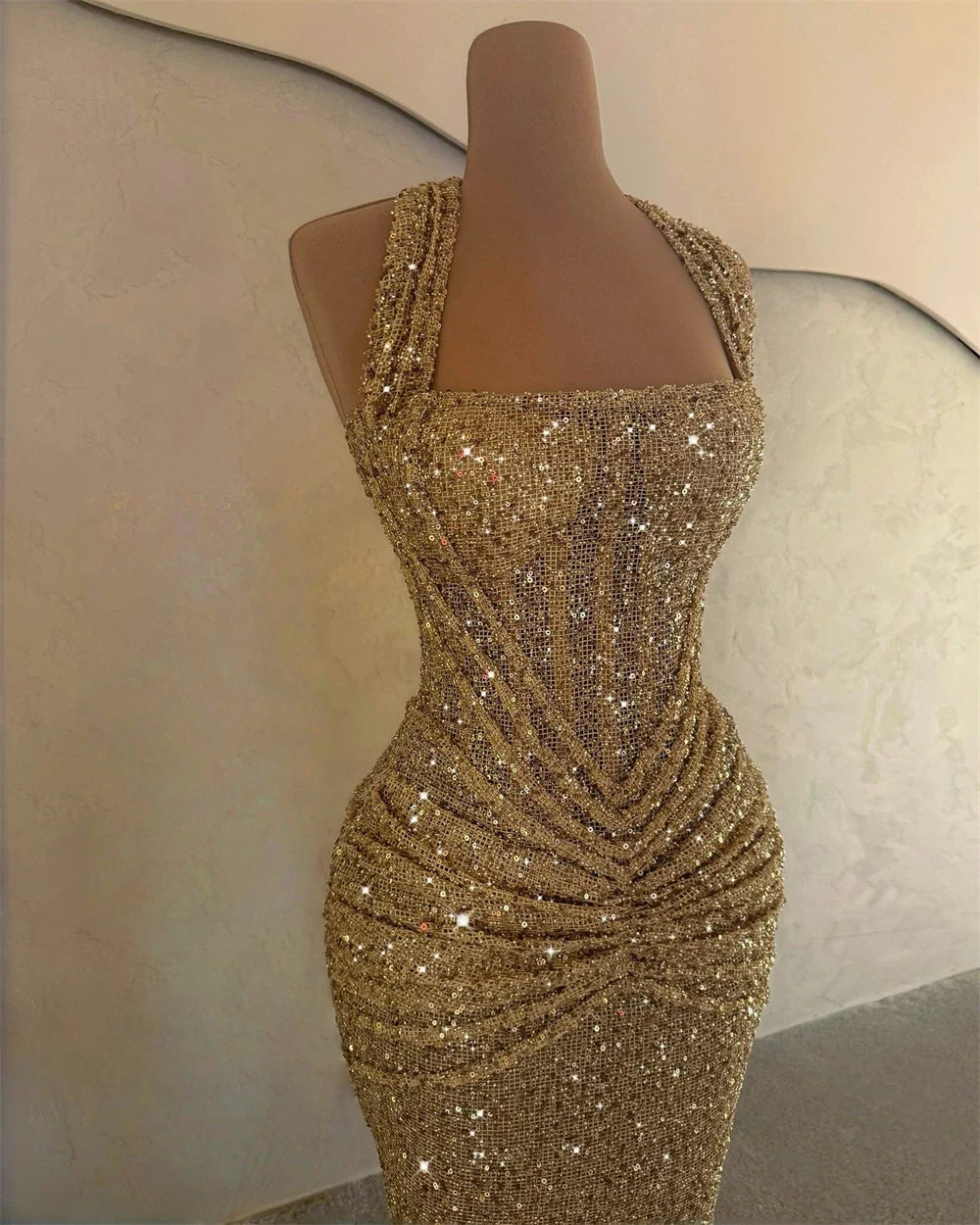 Customized Champagne Mermaid Halter Neck Shiny Sequins Prom Dress Sleeveless Vestidos De Noche Floor-Length Formal Evening