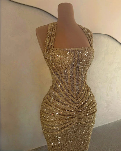 Customized Champagne Mermaid Halter Neck Shiny Sequins Prom Dress Sleeveless Vestidos De Noche Floor-Length Formal Evening