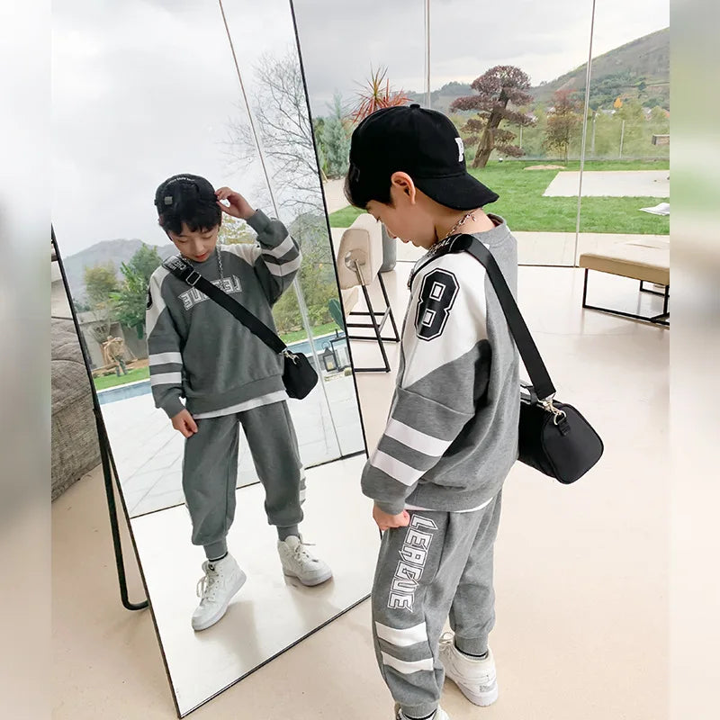 Boys Contrast Alphabet Sweatshirt+Sweatpant School Kids 2PCS Tracksuit Child Jogger Outfit Student Active Workout Set 3-14 Yr
