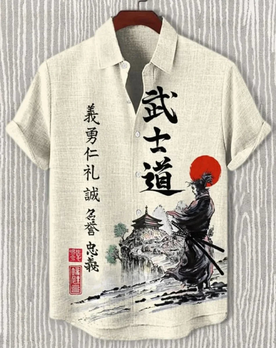 Men's Samurai Hawaiian Shirt Casual Short Sleeve Top Loose Clothing Fashion Retro Summer Shirt