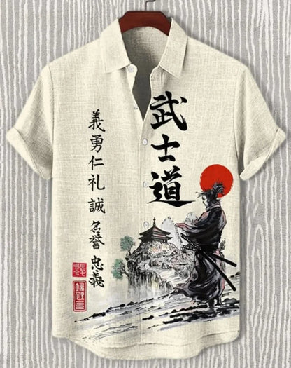 Men's Samurai Hawaiian Shirt Casual Short Sleeve Top Loose Clothing Fashion Retro Summer Shirt