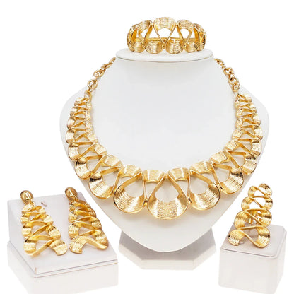 Dubai Gold Plated Jewelry Women Necklace Set Regular Round Pendant Brushed Glossy Bracelet Earrings Wedding Bijoux SYHOL