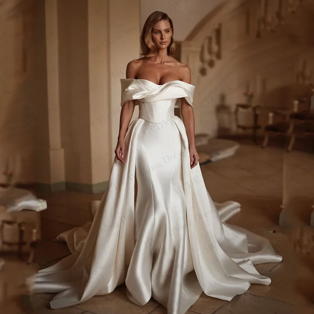 Satin Off Shoulder Wedding Dress Pleat Strapless Mermaid Bride Gown Detachable Train Vestido De noivas para casamento Customized