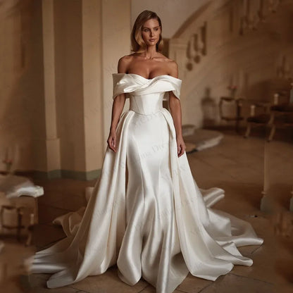 Satin Off Shoulder Wedding Dress Pleat Strapless Mermaid Bride Gown Detachable Train Vestido De noivas para casamento Customized