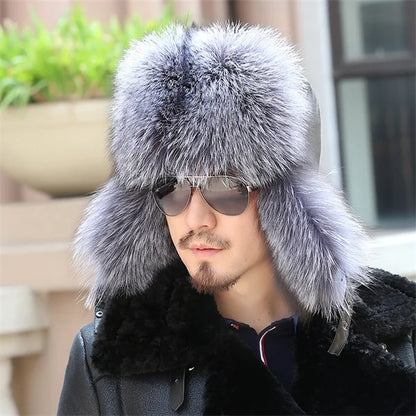 2024 Winter Hat Men Trapper Russian Sliver Fox Hat Ushanka Mens Hats Fashion Raccoon Fur Hats Caps Ski Hat Bomber Real Fur Hat