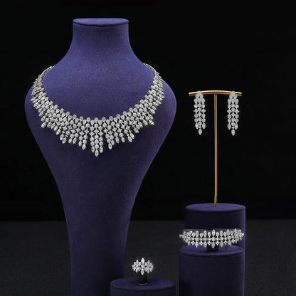 Four-piece Dubai cubic zirconia tassel pendant large chunky wedding bridal necklace luxury jewelry set for bridal party