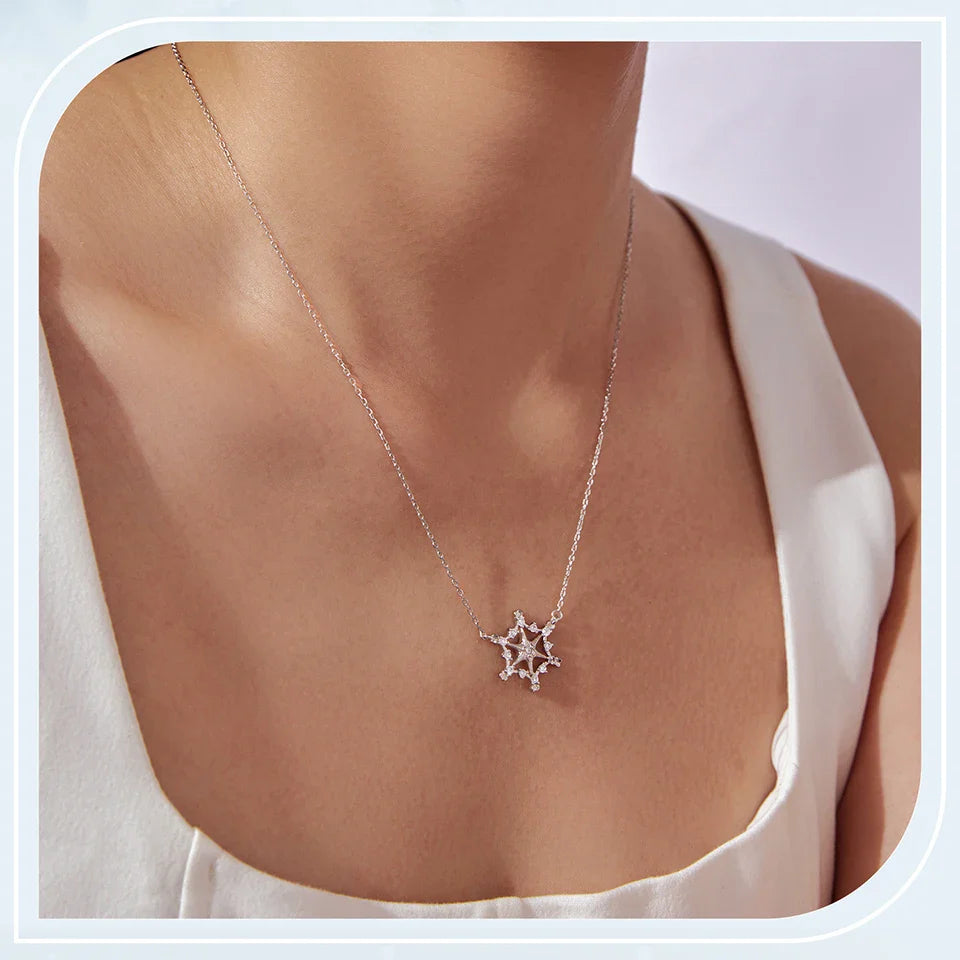 925 Sterling Silver Snowflake Pendant Necklace Sparkling Hexagram CZ Link  O-Chain Original for Women Xmas Winter Gift