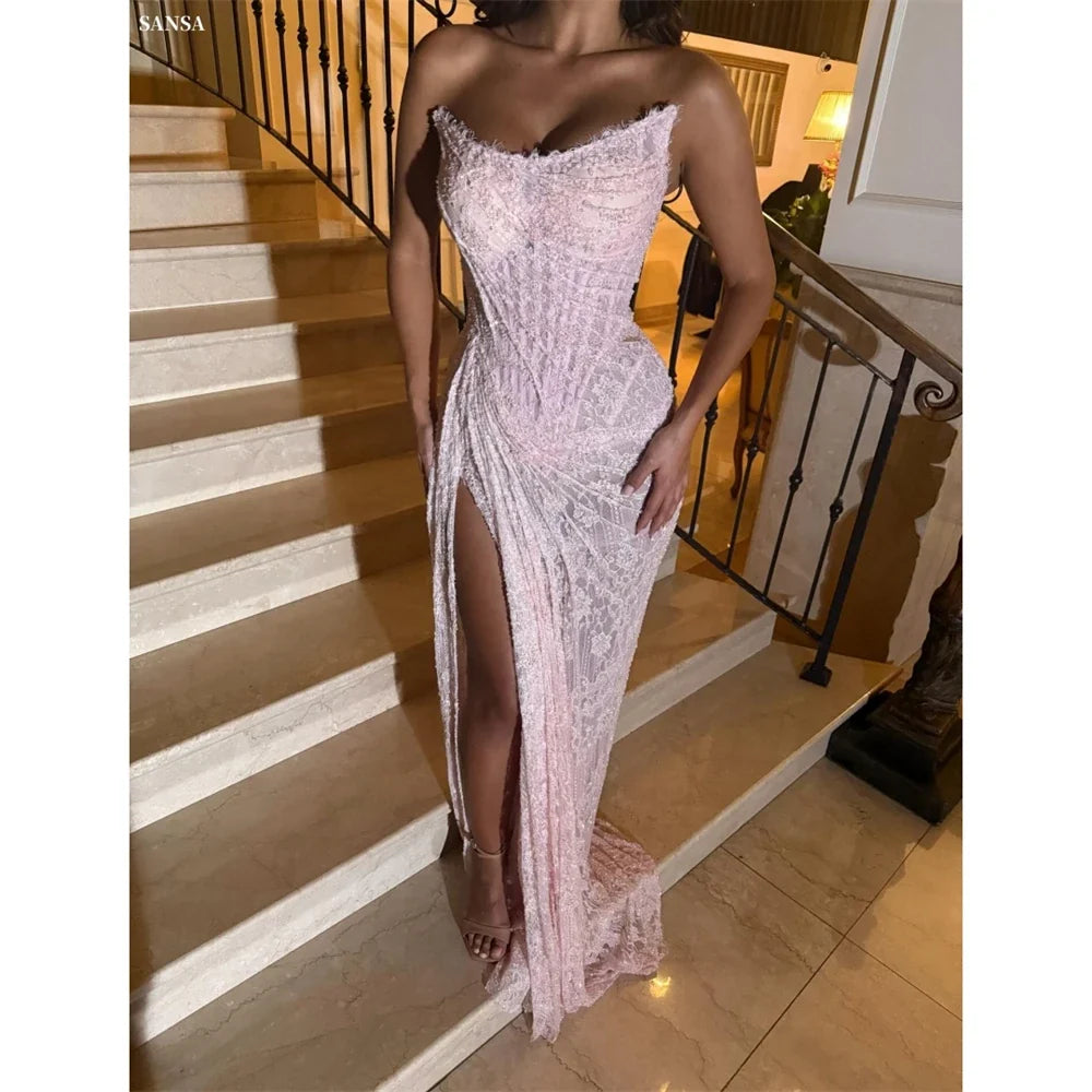 Customized Pink Mermaid Side High Split Pleats Prom Dress Sleeveless Vestidos De Noche Floor-Length Formal Evening 2025