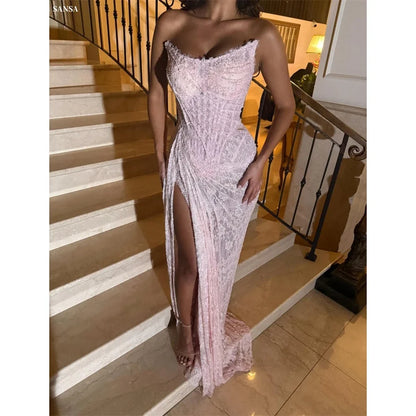 Customized Pink Mermaid Side High Split Pleats Prom Dress Sleeveless Vestidos De Noche Floor-Length Formal Evening 2025