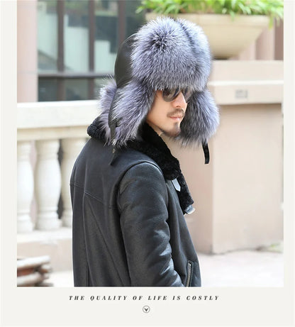 2024 Winter Hat Men Trapper Russian Sliver Fox Hat Ushanka Mens Hats Fashion Raccoon Fur Hats Caps Ski Hat Bomber Real Fur Hat