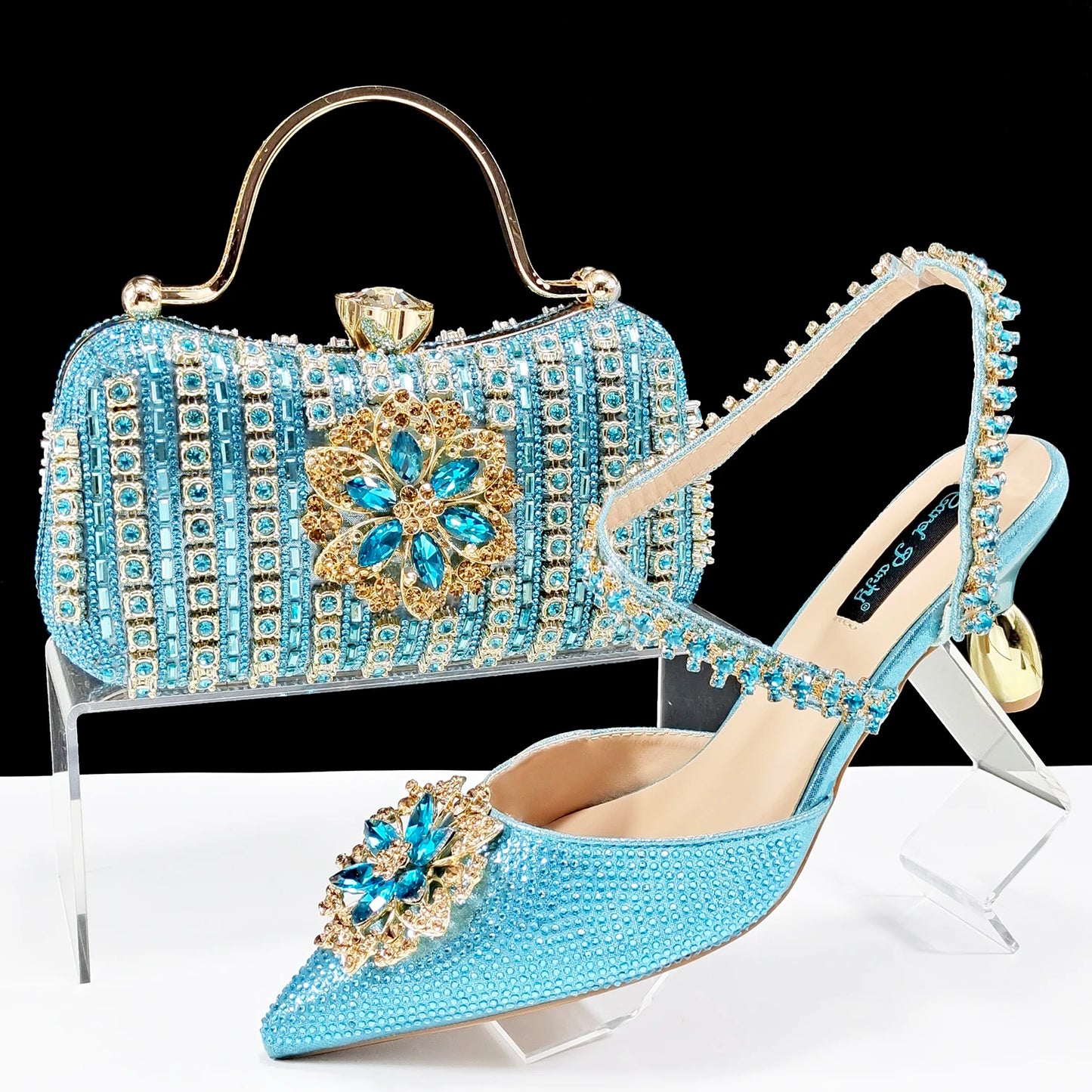 2024 Party Perfection: Rhinestone-Embellished Heels and Gold Mini Bag for Elegant Nights
