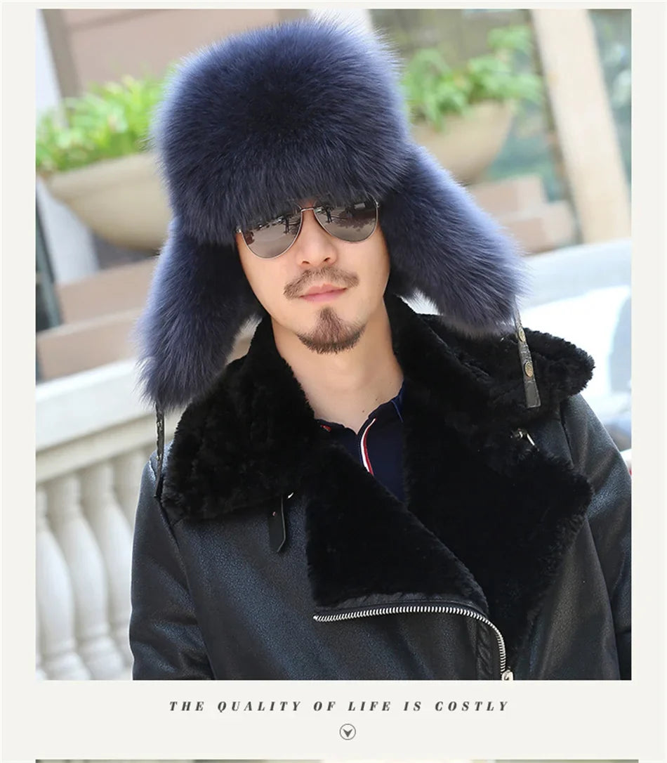 2024 Winter Hat Men Trapper Russian Sliver Fox Hat Ushanka Mens Hats Fashion Raccoon Fur Hats Caps Ski Hat Bomber Real Fur Hat