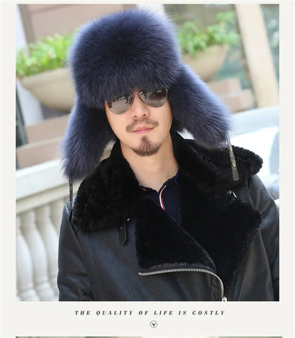 2024 Winter Hat Men Trapper Russian Sliver Fox Hat Ushanka Mens Hats Fashion Raccoon Fur Hats Caps Ski Hat Bomber Real Fur Hat