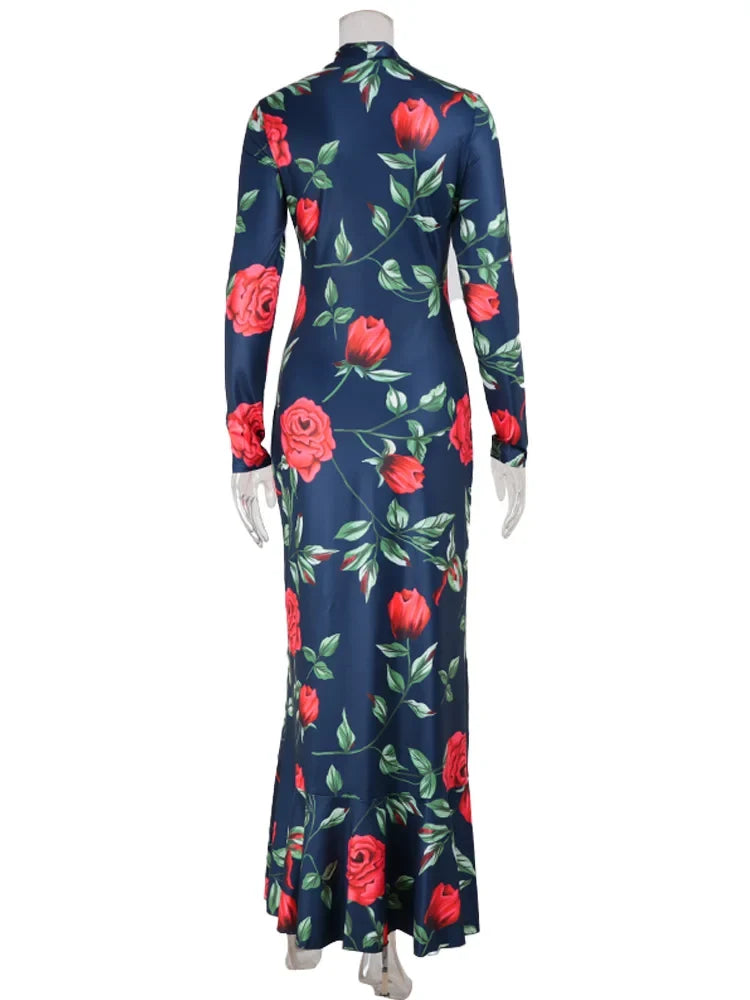 Fashion Women's Maxi Dresses Print Sexy Turtleneck Regular Long Sleeves Fishtail Autumn Sheath Bodycon Trend Vestidos