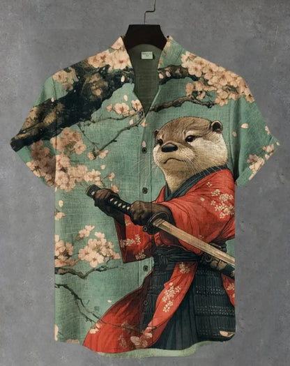 Men's Samurai Hawaiian Shirt Casual Short Sleeve Top Loose Clothing Fashion Retro Summer Shirt