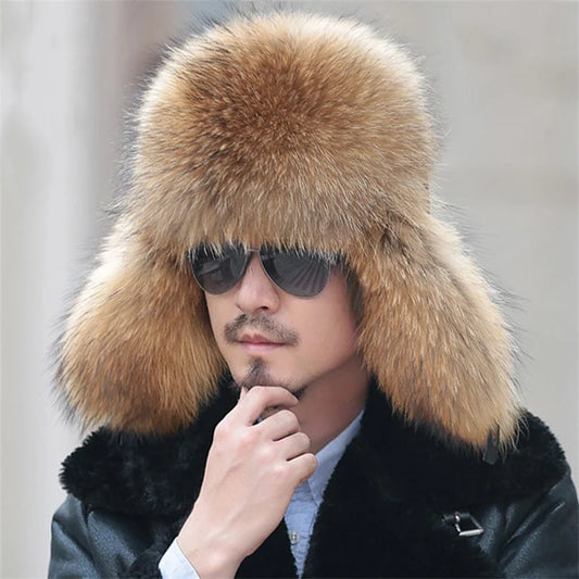 2024 Winter Hat Men Trapper Russian Sliver Fox Hat Ushanka Mens Hats Fashion Raccoon Fur Hats Caps Ski Hat Bomber Real Fur Hat