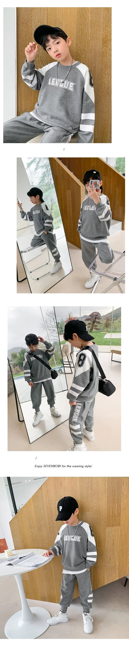 Boys Contrast Alphabet Sweatshirt+Sweatpant School Kids 2PCS Tracksuit Child Jogger Outfit Student Active Workout Set 3-14 Yr