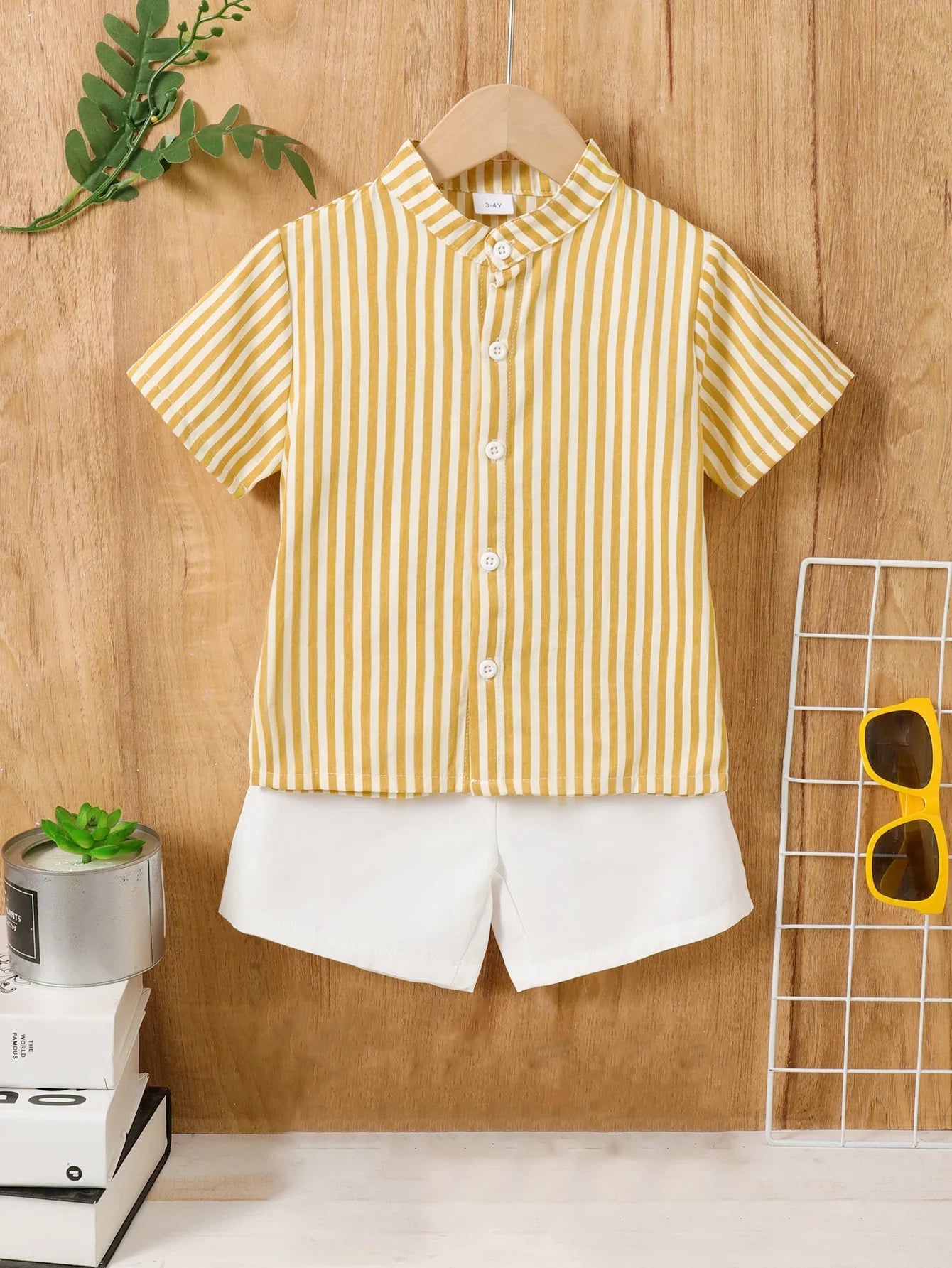 Young Boy Striped Stand Collar Short Sleeve Shirt And Shorts Set
