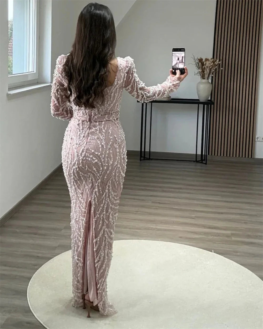Dubai Beading Pearls Wedding Dress Square Collar Long Sleeves vestidos de noche Rear Forks فساتين سهرة Customized 2025