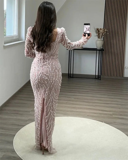 Dubai Beading Pearls Wedding Dress Square Collar Long Sleeves vestidos de noche Rear Forks فساتين سهرة Customized 2025