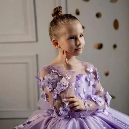 J780 Charming Full Appliqued Pearled Satin Tull Lilac Flower Girl Dress With Bow Wedding Party Spring Short Ball Gown