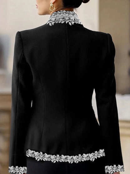 New Autumn/Winter Collection: Stylish and Elegant Women's Blazer Featuring Pearl Buttons and Contrasting Lace Trim