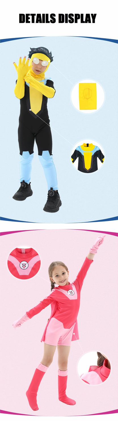 Anime Kids Invincible Costume Boys Omni-man Mark Grayson Cosplay Child Superhero Girls Atom Eve Pink Jumpsuit Halloween Costume