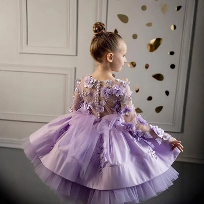 J780 Charming Full Appliqued Pearled Satin Tull Lilac Flower Girl Dress With Bow Wedding Party Spring Short Ball Gown