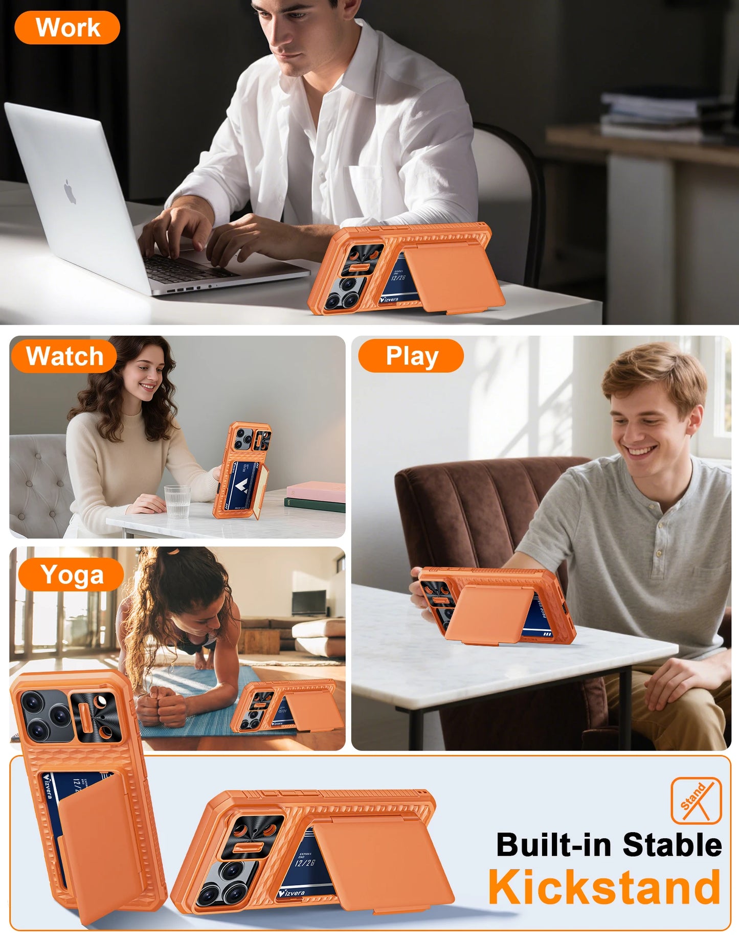 With Card Holder Sliding Camera Cover And Stand For iPhone 17 Pro/17 Pro Max Phone Case, Anti-Fall PC+TPU Wallet Case-Orange