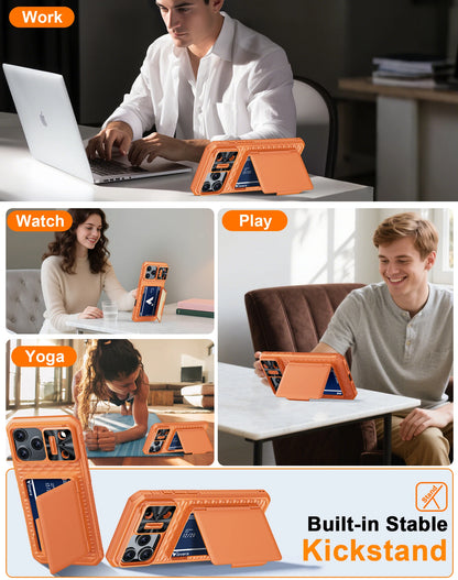 With Card Holder Sliding Camera Cover And Stand For iPhone 17 Pro/17 Pro Max Phone Case, Anti-Fall PC+TPU Wallet Case-Orange