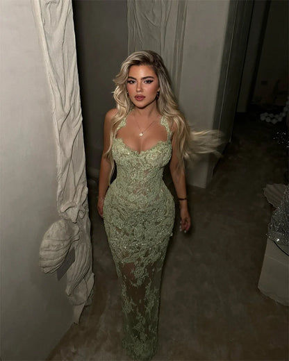 Customized Mermaid Lace Sequins Sheath Prom Dress Halter Neck Sleeveless Vestidos De Noche Floor-Length Formal Evening