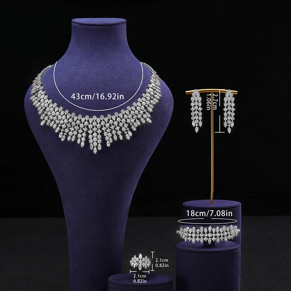 Four-piece Dubai cubic zirconia tassel pendant large chunky wedding bridal necklace luxury jewelry set for bridal party