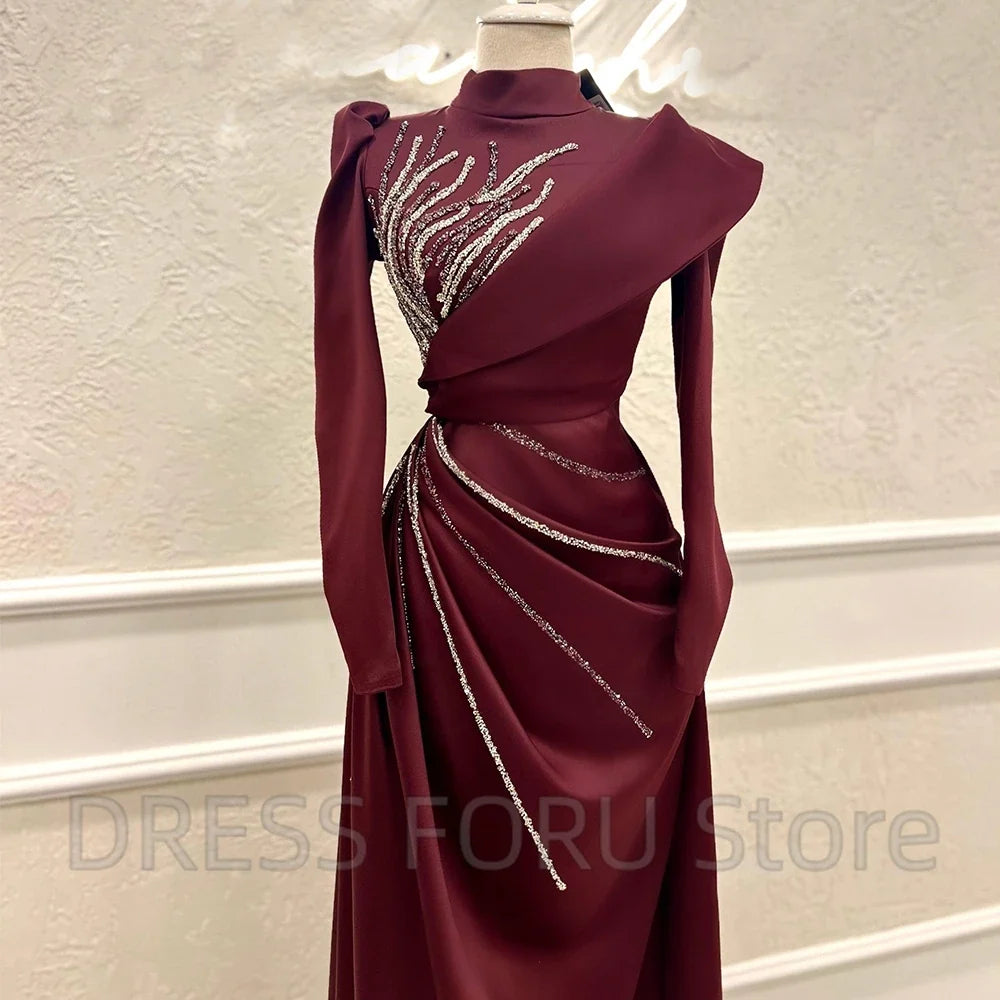 Elegant High Neck Muslim Evening Dress with Beaded Long Sleeve Pleat A-Line Floor Length Women Party Banquet Custom Zipper Gowns