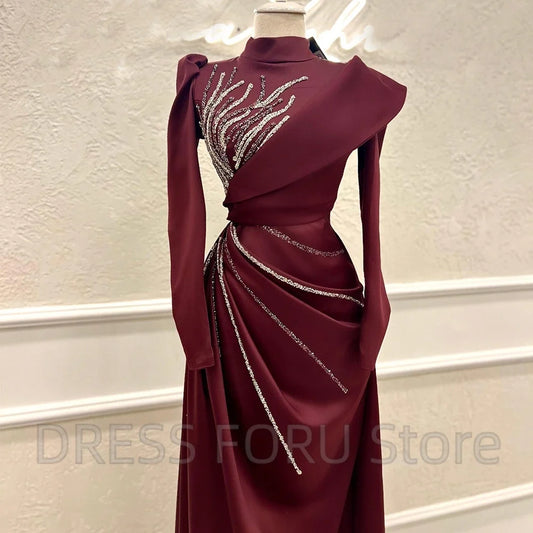 Elegant High Neck Muslim Evening Dress with Beaded Long Sleeve Pleat A-Line Floor Length Women Party Banquet Custom Zipper Gowns