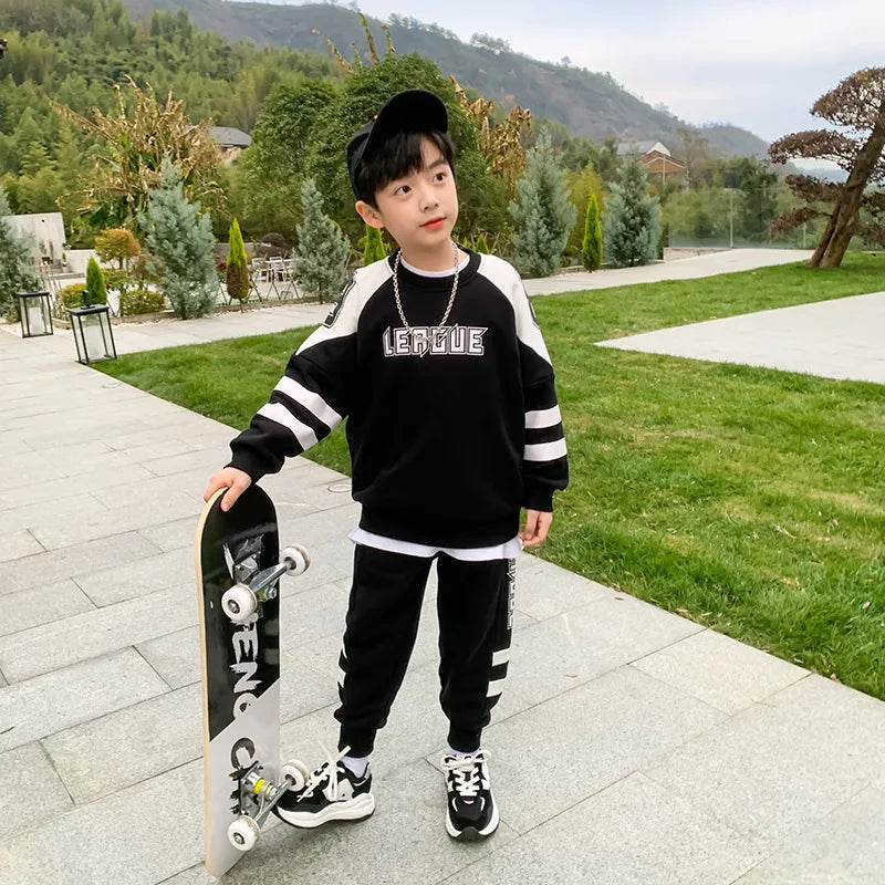 Boys Contrast Alphabet Sweatshirt+Sweatpant School Kids 2PCS Tracksuit Child Jogger Outfit Student Active Workout Set 3-14 Yr