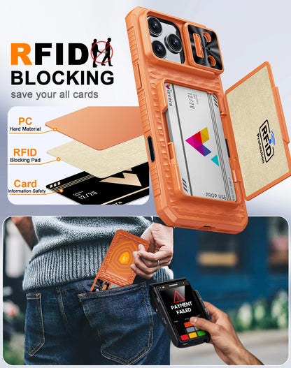 With Card Holder Sliding Camera Cover And Stand For iPhone 17 Pro/17 Pro Max Phone Case, Anti-Fall PC+TPU Wallet Case-Orange