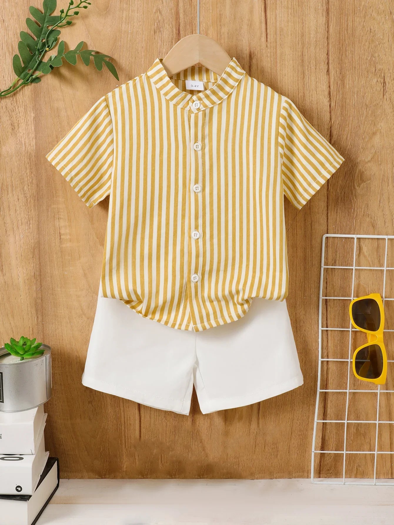 Young Boy Striped Stand Collar Short Sleeve Shirt And Shorts Set