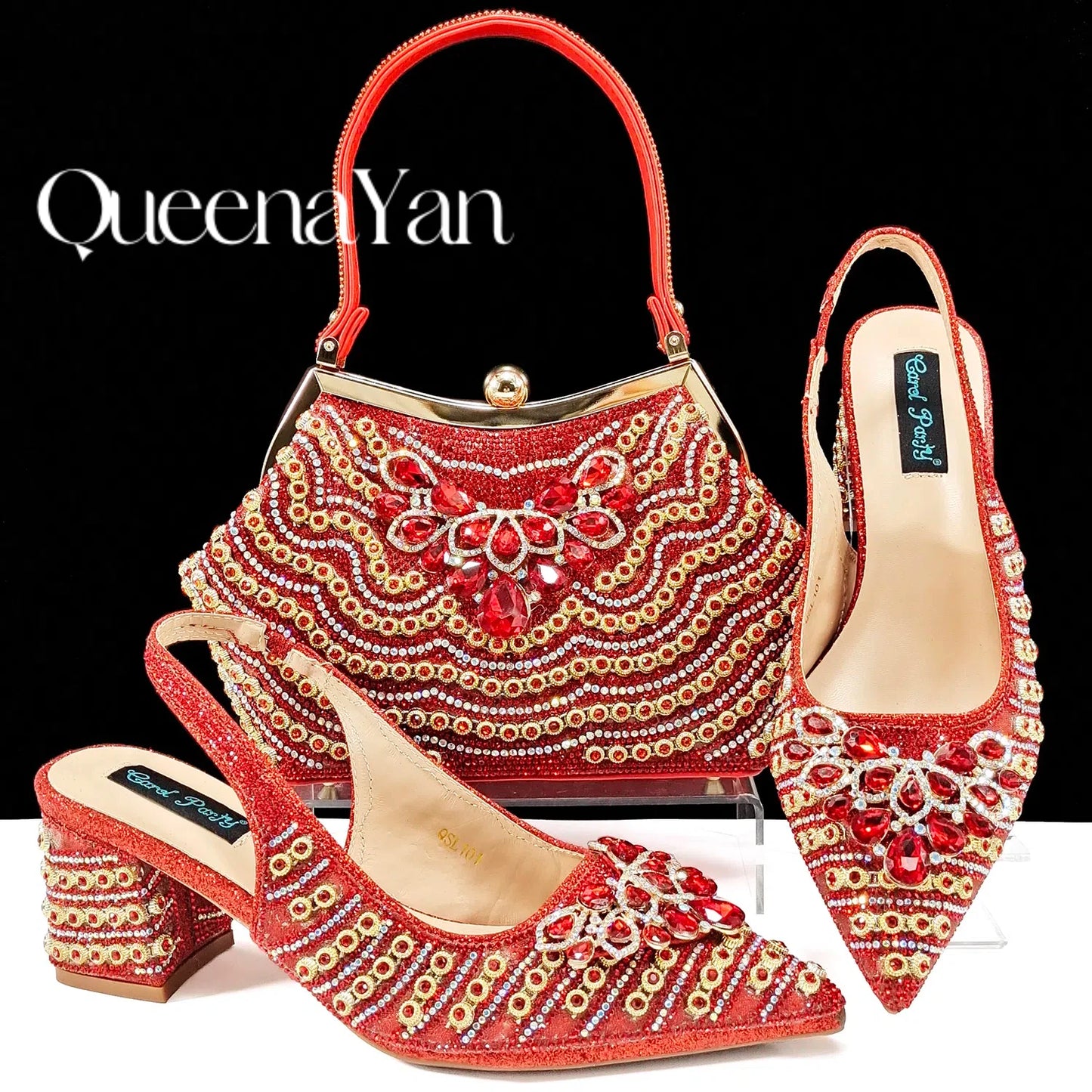 Dazzling Dreams: Full Rhinestone High Heels and Coordinated Bag for Timeless Style