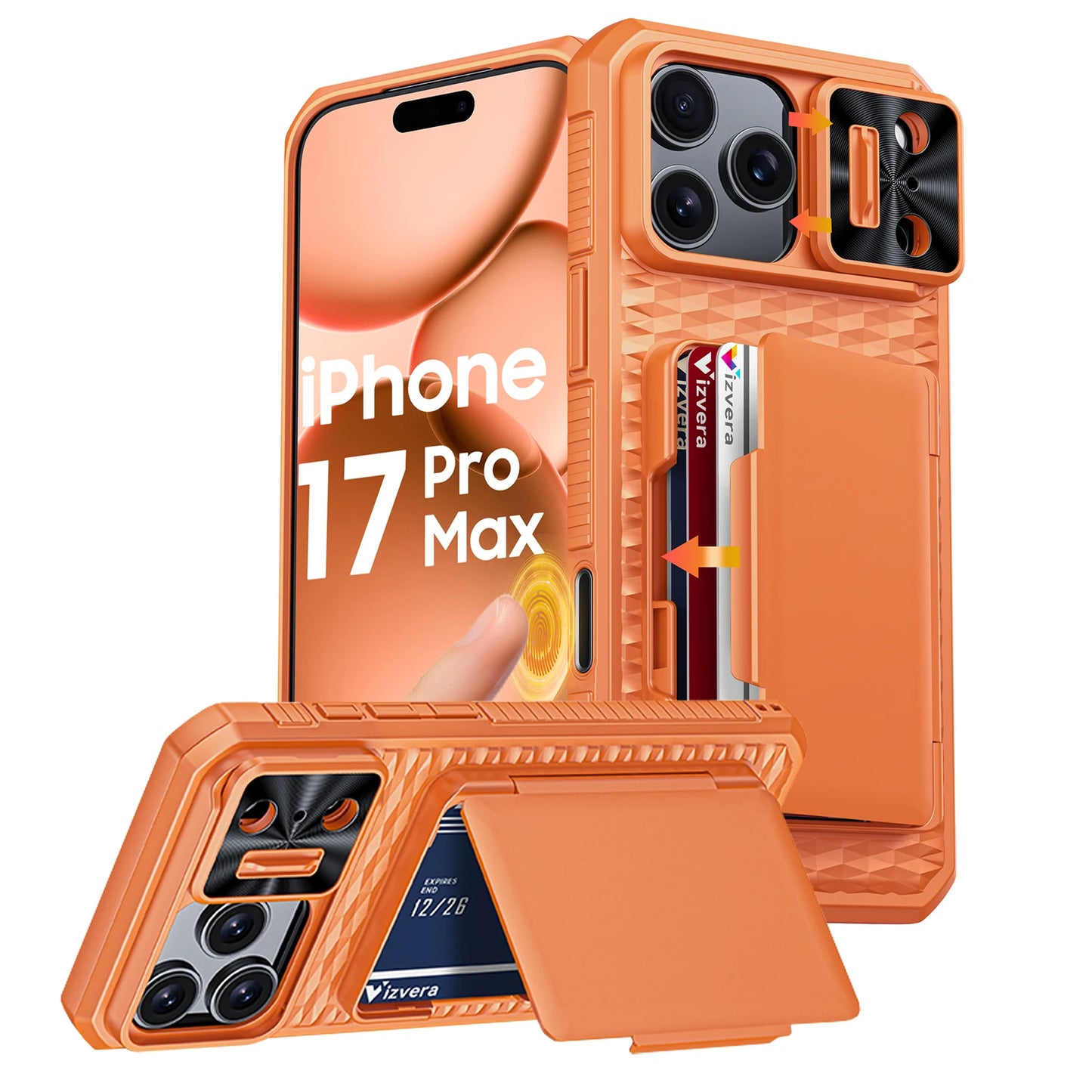 For iPhone 17 Pro Max Case,Wallet - Full Body Protective with Card Holder (4 Cards) Camera Cover & Kickstand-Orange