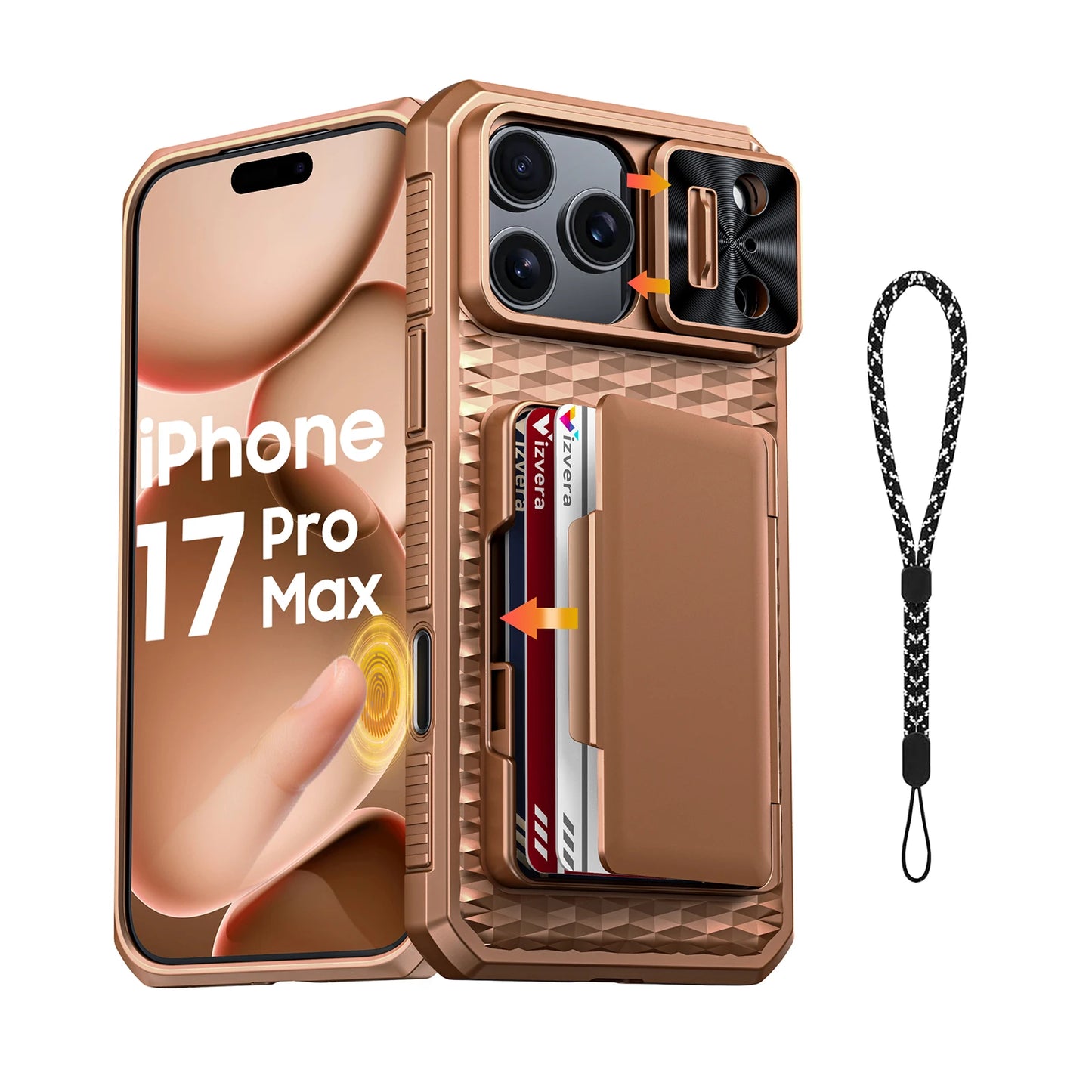 With Card Holder Sliding Camera Cover And Stand For iPhone 17 Pro/17 Pro Max Phone Case, Anti-Fall PC+TPU Wallet Case-Orange