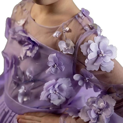 J780 Charming Full Appliqued Pearled Satin Tull Lilac Flower Girl Dress With Bow Wedding Party Spring Short Ball Gown